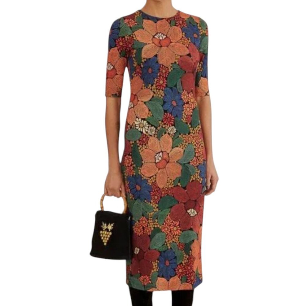Farm Rio Black Stitched Flowers Lenzing™ Ecovero™ Viscose Midi Dress Size Small - Picture 2 of 16